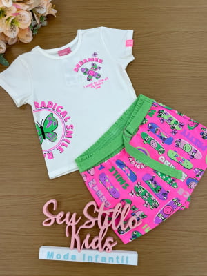 Conjunto Infantil Momi Verão Com Shorts Saia Rosa Skate 