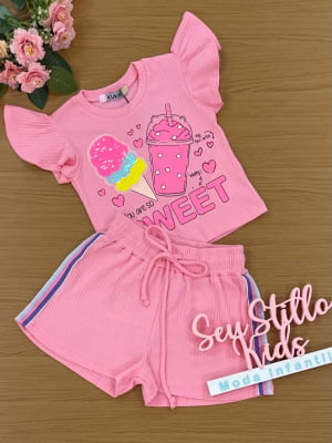 Conjunto Infantil Kukie Verão com Shorts Sweet Ice Cream Rosa