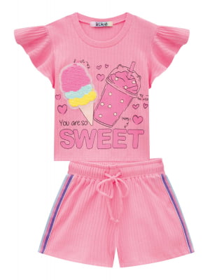 Conjunto Infantil Kukie Verão com Shorts Sweet Ice Cream Rosa